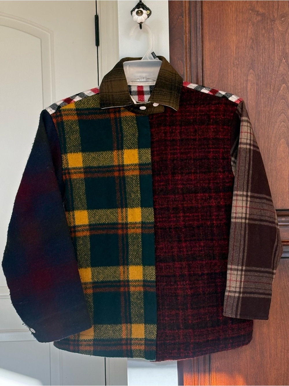 Patchwork Plaid Wool Shirt Jacket in Green, Yellow & Burgundy